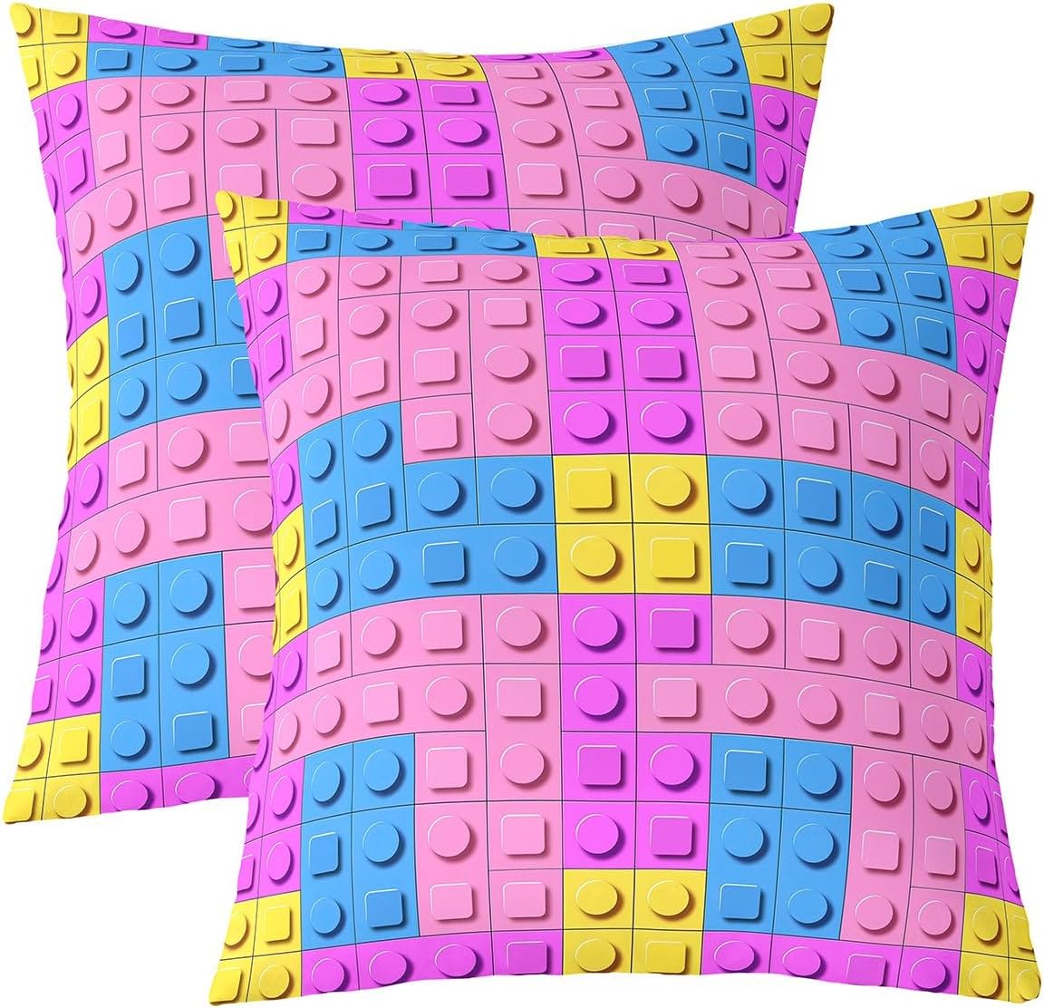 Feelyou Building Blocks Square Cushion Covers Set of 2 Reversible Throw Pillow Covers Brick Pillow Covers Home Decor 22 x 22-Inch Pink Blue Yellow