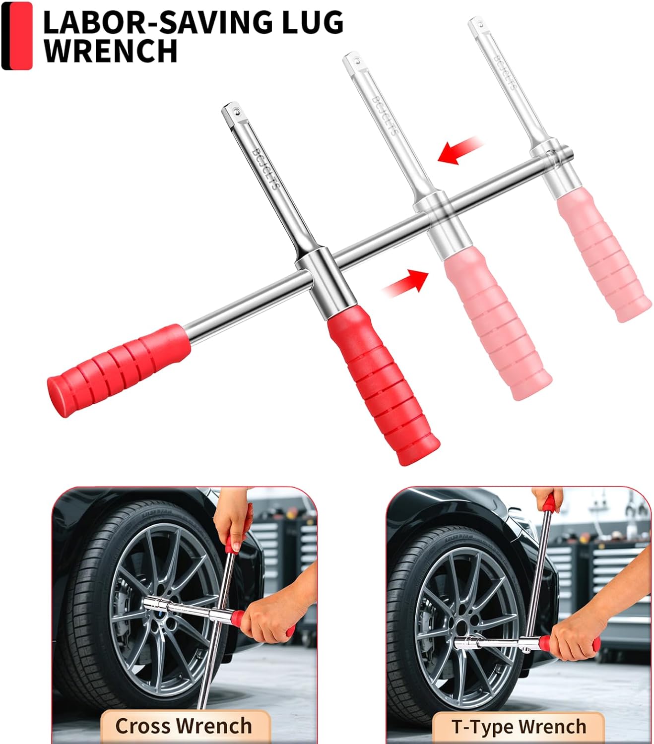 Lug Wrench, Tire Wrench With 1/2-Inch Drive and 2PCS Standard Sockets (17 mm/19 mm, 21 mm/23 mm), Detachable Rapid Cross Lug Nut Wrench