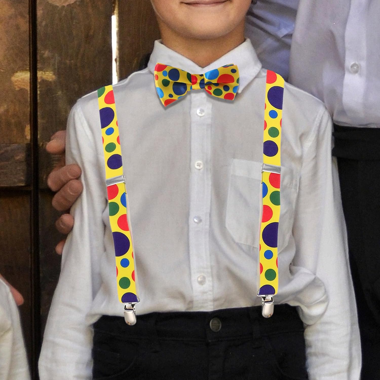 FRCOLOR 2 Sets Suspenders Bow Tie, Rainbow Polka Dot Clown Costume Accessories, Elastic Y-back with Metal Clips for Dress Up, Birthday, Halloween
