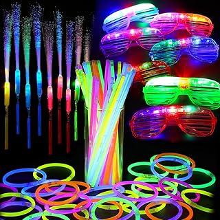 Glow Dark Party Supplies Bulk for Kids Adults,Glow in The Dark Party Supplies Favors with 100 Glow Sticks&Connectors,9 Led Glasses,10 Fiber Wands Sticks,Light up Toy fit Easter Party Basket Stuffers