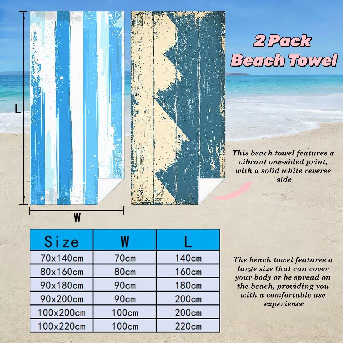 Ręcznik plażowy XXL, 100 x 220 cm, zestaw 2 szt., ręcznik plażowy z mikrofibry w stylu retro, szybkoschnący, do sauny, fitness, bez piasku, ręcznik plażowy, do sauny, duży ręcznik kąpielowy, prezent