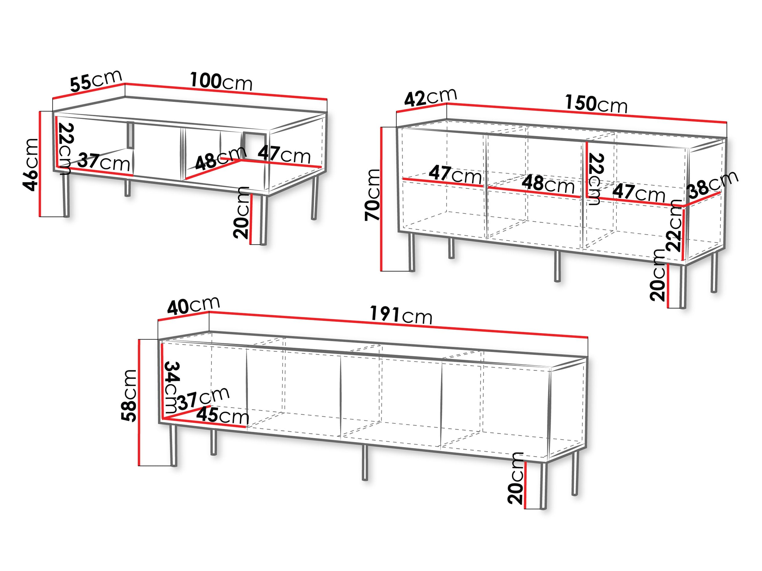 Mirjan24 Wohnzimmer-Set Aropo I, Wohnzimmerschrank, gefräster Front, Griffloses Öffnungssystem, Kommode mit 3 Türen, 6 Fächer, TV-Lowboard mit 4 Türen und 4 Fächer, Couchtisch (Nuss Warmia)