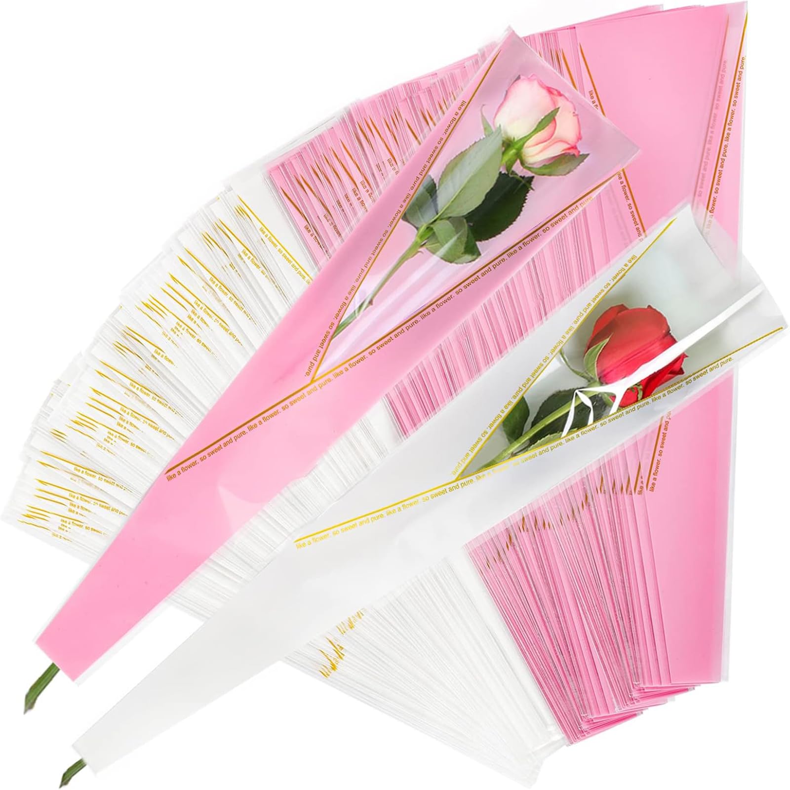 yarlung 300 Pack Single Rose Sleeves Bags, White and Pink Flower Packaging Gift for Valentine's Day, Gold Edge Florist Bouquet Wrapping Cellophane for