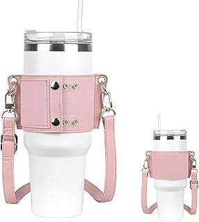 SOOFAM Vintage Leather Water Bottle Holder，Genuine Leather Carrier Strap for Stanley 40 oz & 30 oz Tumbler with Handle，Stanley Cup Accessories，Adjustable Strap，Credit Card Holder，Keyring