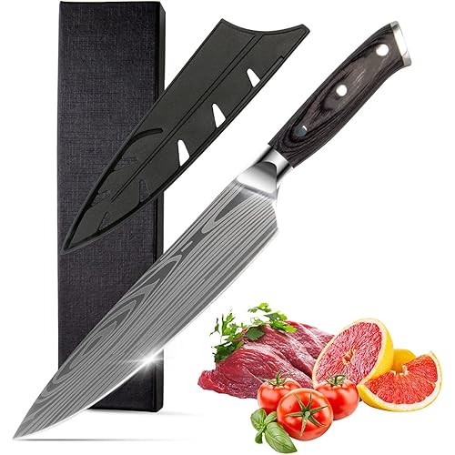 Chef Knife-8 Inch Ultra Sharp Professional Kitchen Knife, High Carbon Stainless Steel Meat Knives with Sheath Cover and Ergonomic Pakkawood Handle