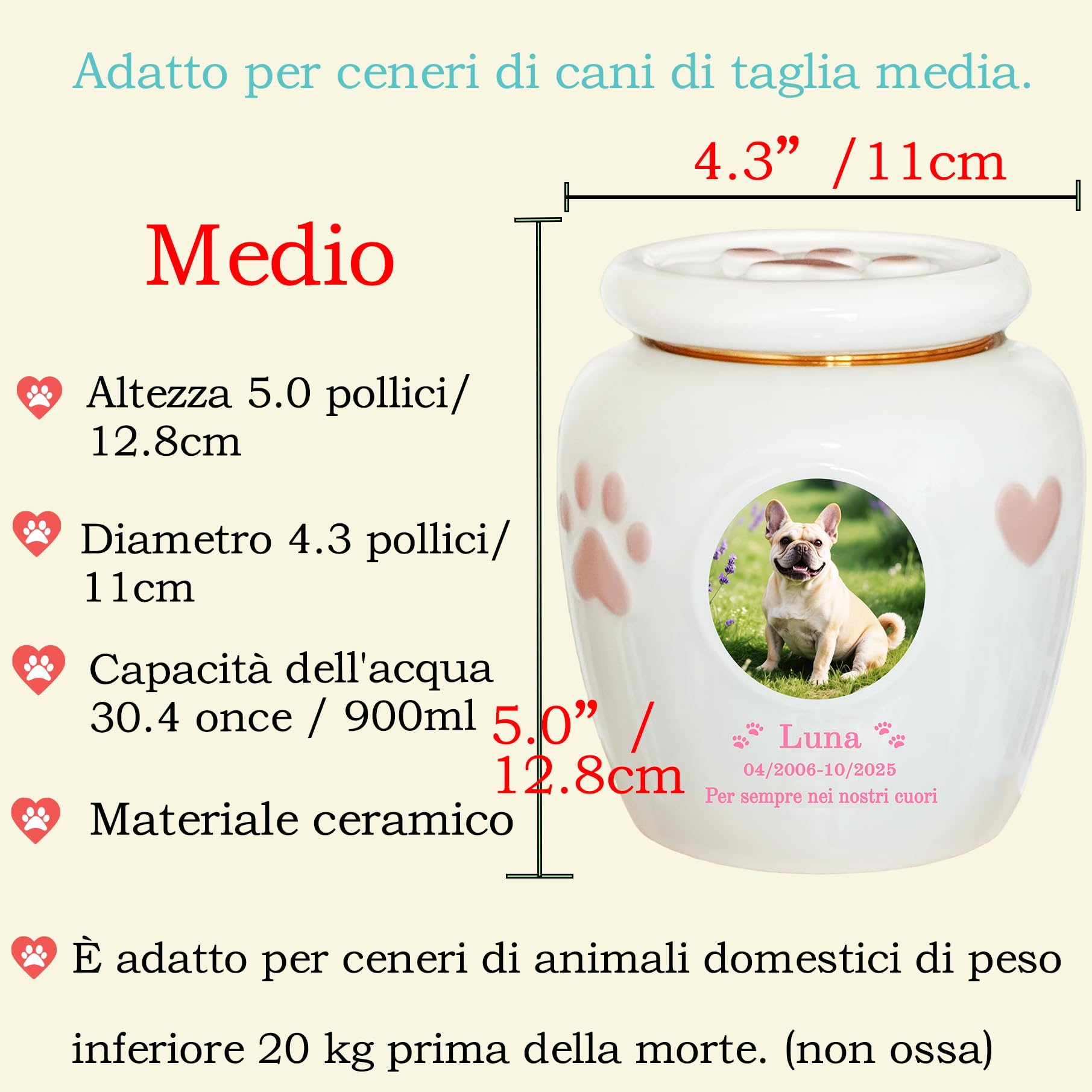 Urna per animali domestici personalizzata，Urne per gatti e cani, domestici, ceneri,Urna in ceramica | Fatto a mano su misura (Medio（Adatto per le ceneri≤20KG）)