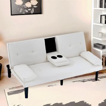 67Modern Futon Sofa Bed,Convertible 3 in 1 Sleeper Bed Couches with Adjustable Backrest,Cup Holders,Comfy PU Leather Recliner Sofa Loveseat with Chrome Legs for Small Home Living Room (Beige)
