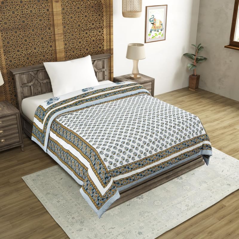 Image of BLOCKS OF INDIA Cotton Single Size Quilt Hand Block Print for Light Winters (60x90 Inches) (Grey Yellow BUTI)-300 TC