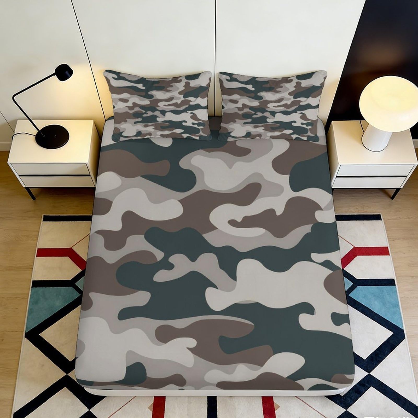 3D Printed Camouflage Fitted Sheet Microfiber Soft Breathable Camo Mattress Cover for Bedroom Dormitory Guest Room Mattress Protection Decor 200x200x25cm