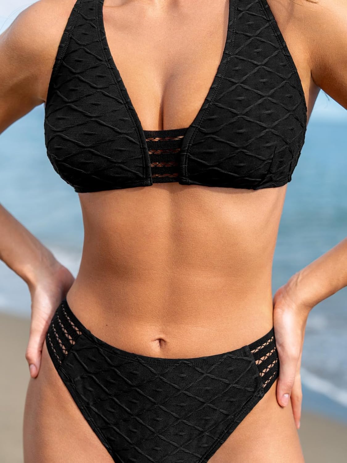 CUPSHE Women's Bikini Sets V Neck Wide Straps Racer Back Bathing Suit Mid Rise Bottom Textured - Image 5