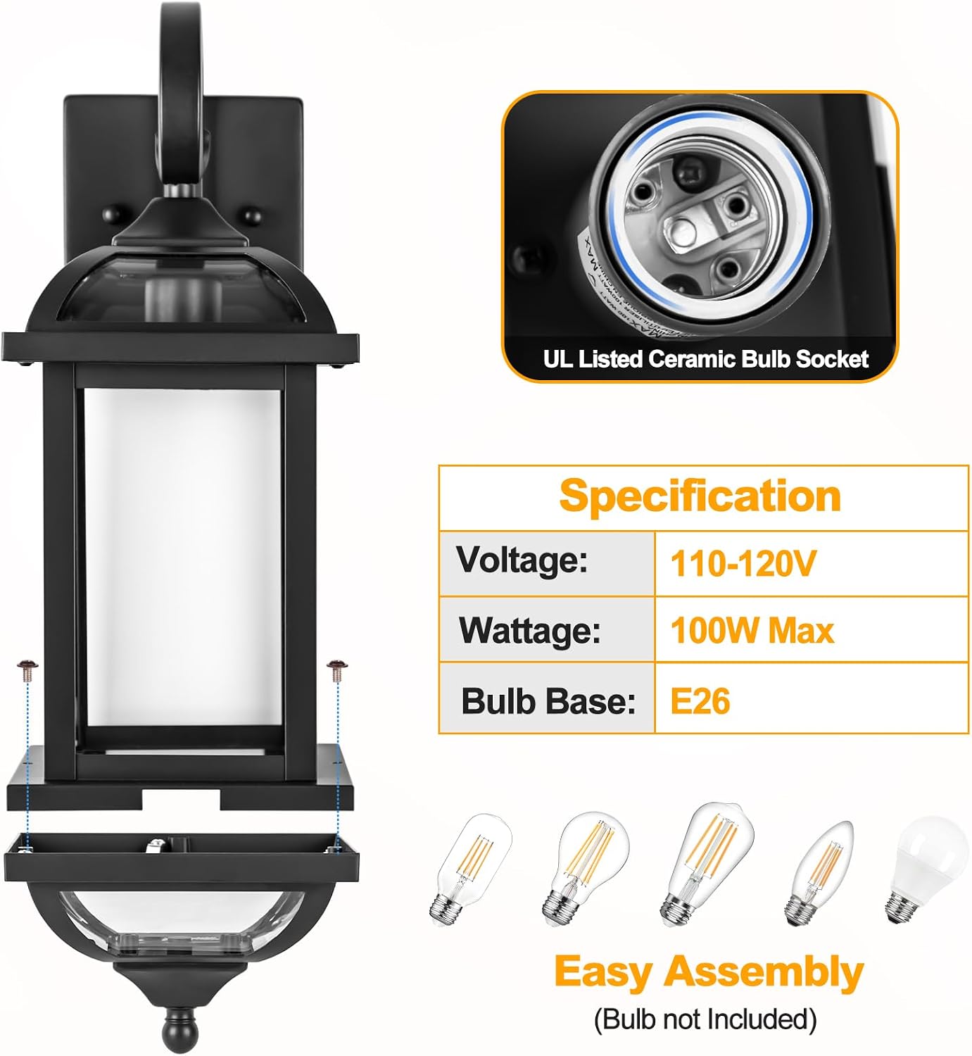 18” 2-Pack Black Porch Lights Outdoor Light Fixtures, Anti-Rust Aluminum Exterior Light Fixtures with Clear Glass Wall Mount Lanterns Outside Lights for House, IP65 Waterproof Wall Lights