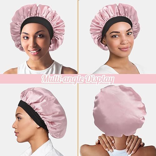 Miniatura 6 de Hafree Gorro de satén de seda, gorro de dormir ajustable con coleteros para mujeres y hombres, capó de doble capa para cabello rizado trenzado (rosa)