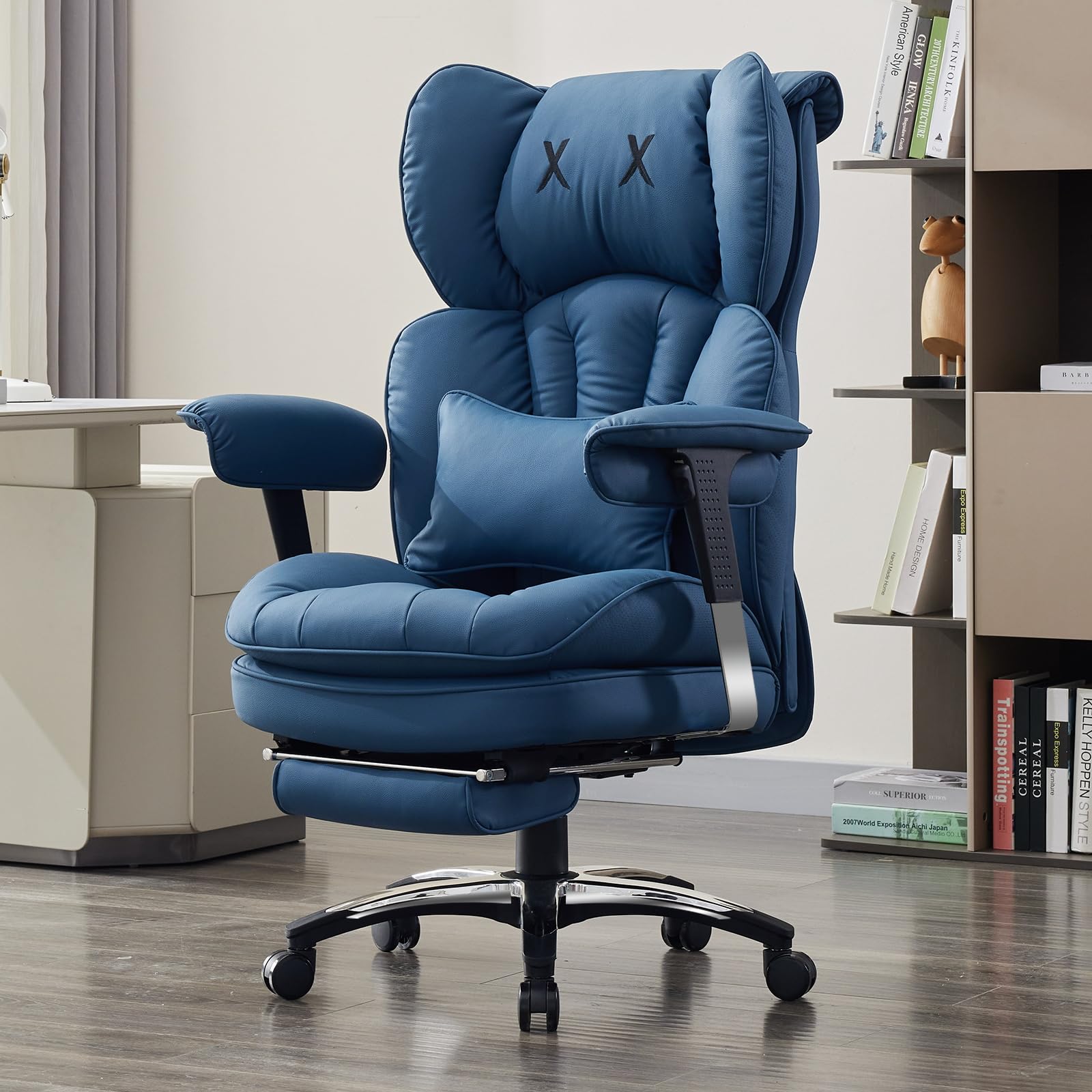 Efomao Silla de Oficina Grande, Silla de Escritorio de Piel PU con Bordado en X, Respaldo Alto Ajustable, Reposapiés, Soporte Lumbar, Silla Ejecutiva Ergonómica 200 kg