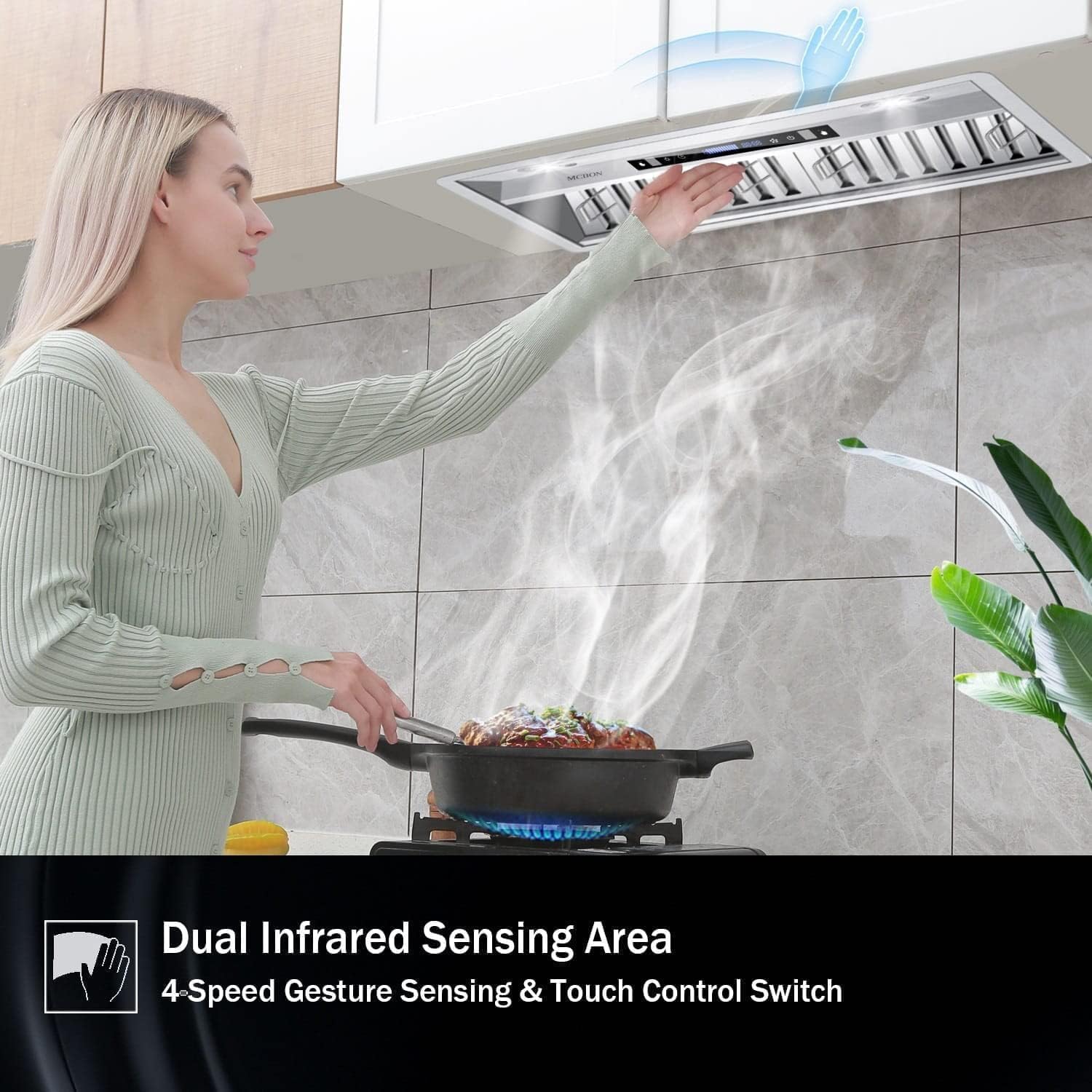 MCBON Range Hood Insert 36 Inch, 900 CFM Insert Range Hood, Touch Control Range Hood Insert, Remote & Gesture Sensing Vent Hood Insert, 4-Speed Hood Range Insert, Stainless Steel Range Hood, AE88-36