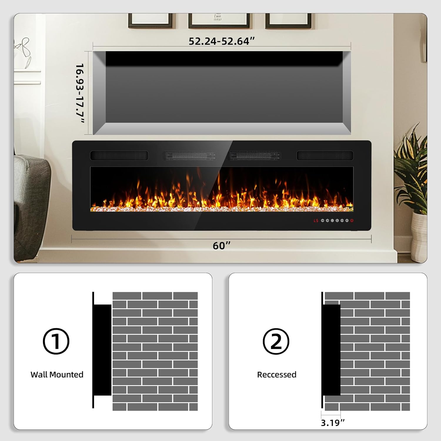 Diagram showing two installation methods: Wall Mounted and Recessed, for the Eueiriup 60-inch electric fireplace.