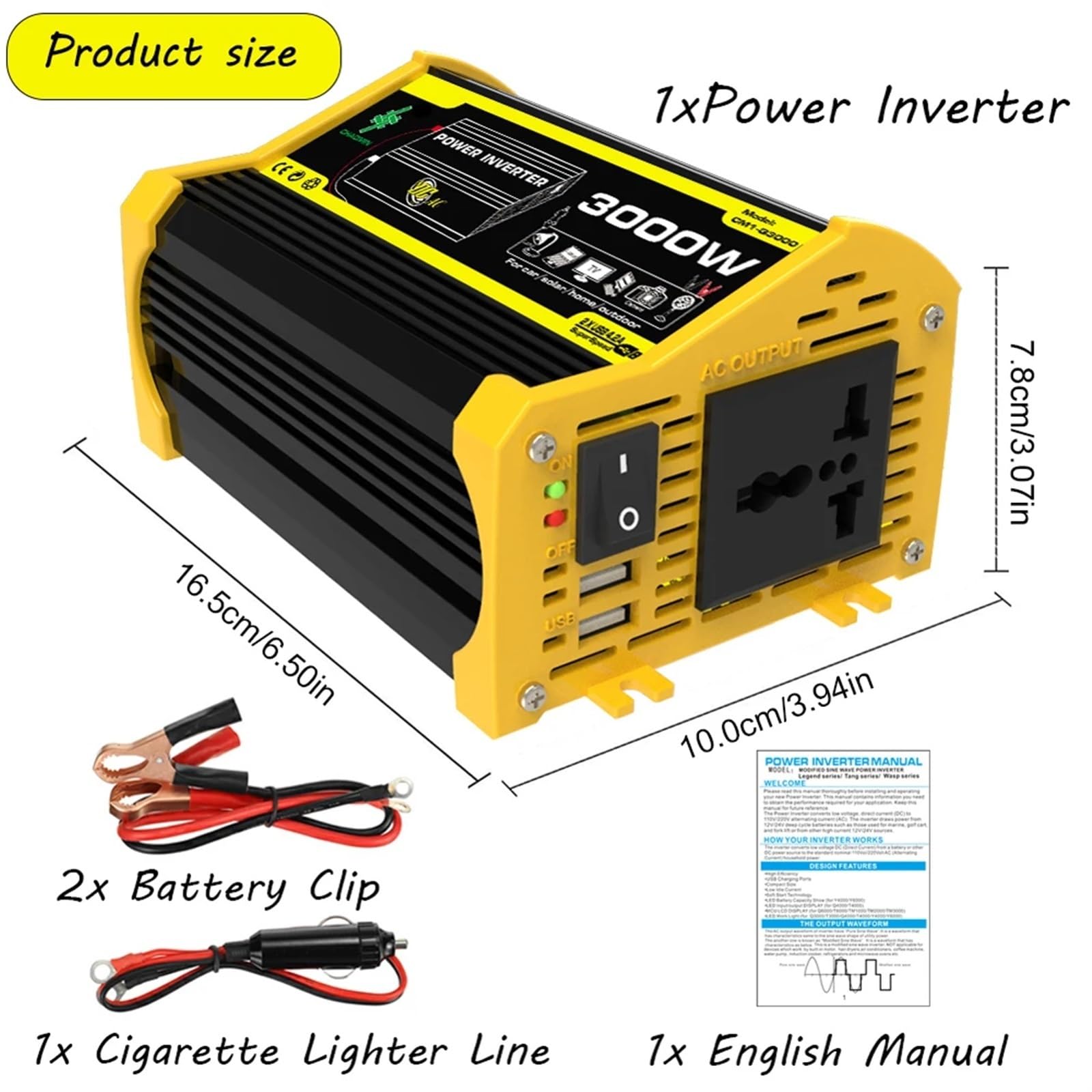 3000 W Inteligentny Inwerter Mocy DC 12 V Do AC/Podwójna Ładowarka Samochodowa USB Konwerter Modyfikowana Fala Sinusoidalna Przenośny Kemping na świeżym powietrzu(Yellow)