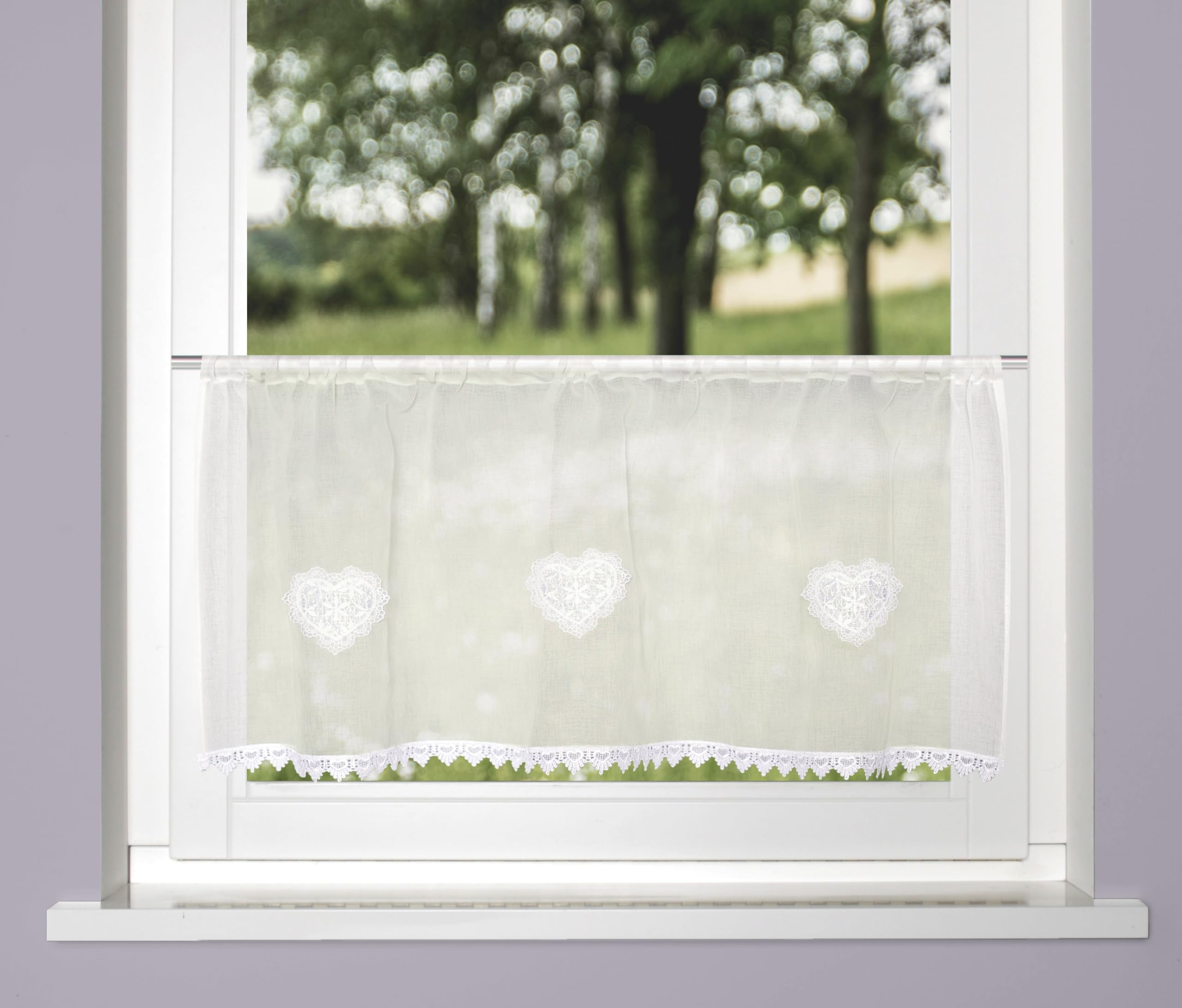 HOME WOHNIDEEN Scheibengardine NISHAY, 45x145 cm, transparente Leinenstruktur, Herzen, Farbe:weiß, Größe:45 x 120 cm, Anzahl:1x