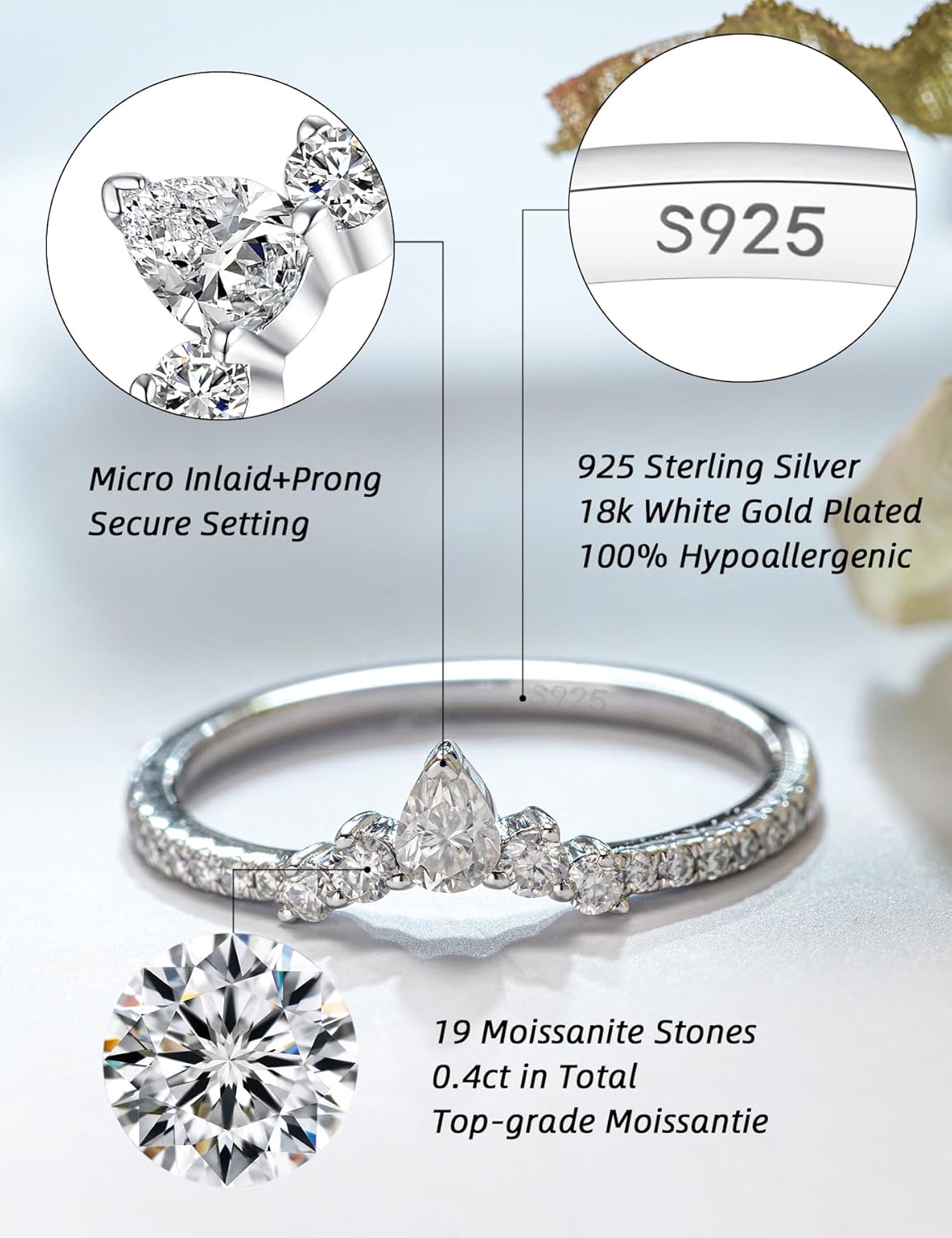 IMOLOVE Moissanite Wedding Bands for Women, 0.4 Carat Teardrop Stackable Curved Wedding Bands for Women Pear Shaped Silver Moissanite Rings for Women with 18K White Gold Plated Size 5-11 - Image 2