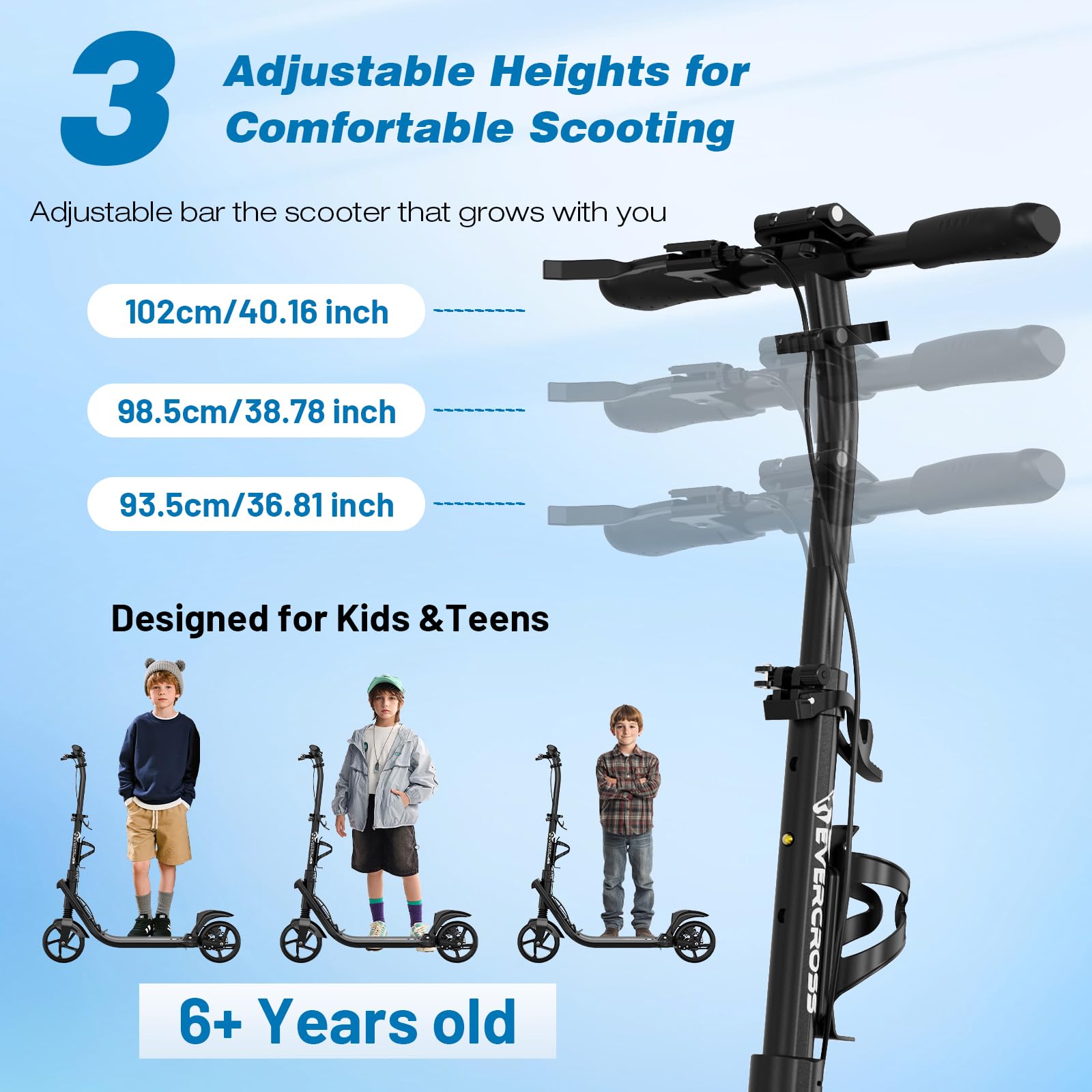 EVERCROSS K8 Stunt Scooter, Grandes Ruedas 200 mm, City Patinete Ajustable en Altura y Plegable, Deportivos Scooter de Aluminio Estable para Niños, hasta 100 kg, Doble Freno, Doble Amortiguación