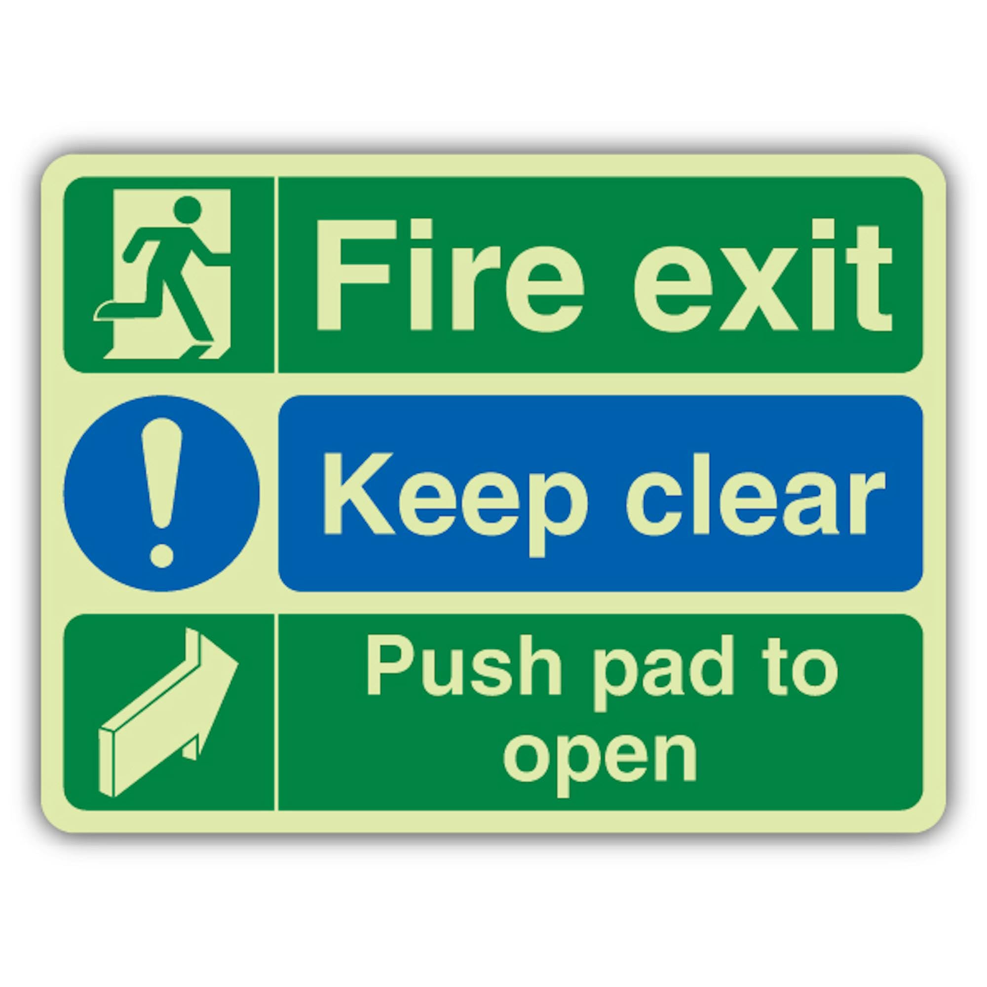 V Safety - Señal de salida de incendios que brilla en la oscuridad - Keep Clear - Push Pad To Open - 600 x 450 mm - Hecho de vinilo autoadhesivo de doble brillo - Señalización de seguridad contra