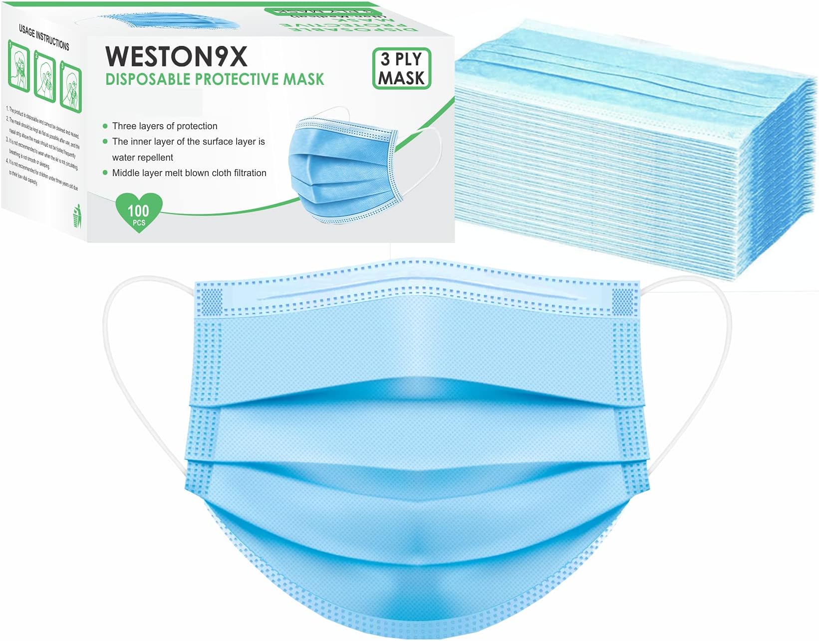 3 Ply Mask have Nose Pin Blue, Soft Loops Pack of 100