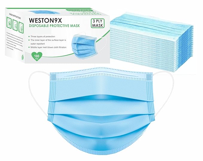 Weston9x Unisex Non-Woven Fabric 3 Ply Disposable Surgical Mask with Nose Pin Blue, Ultrasonic Soft Loops without Valve (Blue, Pack of 100)