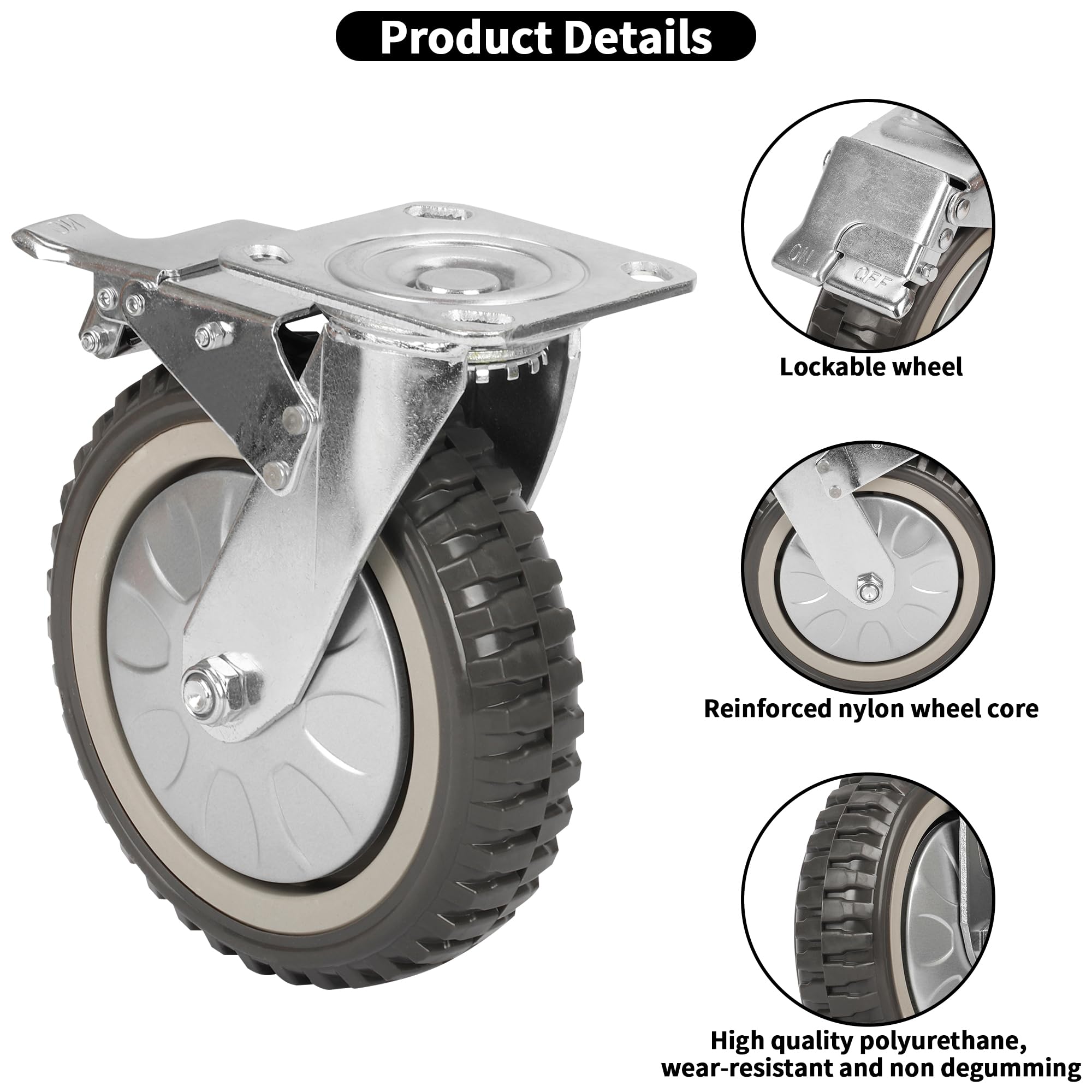 4 Ruote Industriali Lesolar 150mm - Gomma Solida, 1000kg Di Carico, 2 Girevoli Con Freni + 2 Fisse - Foto 3