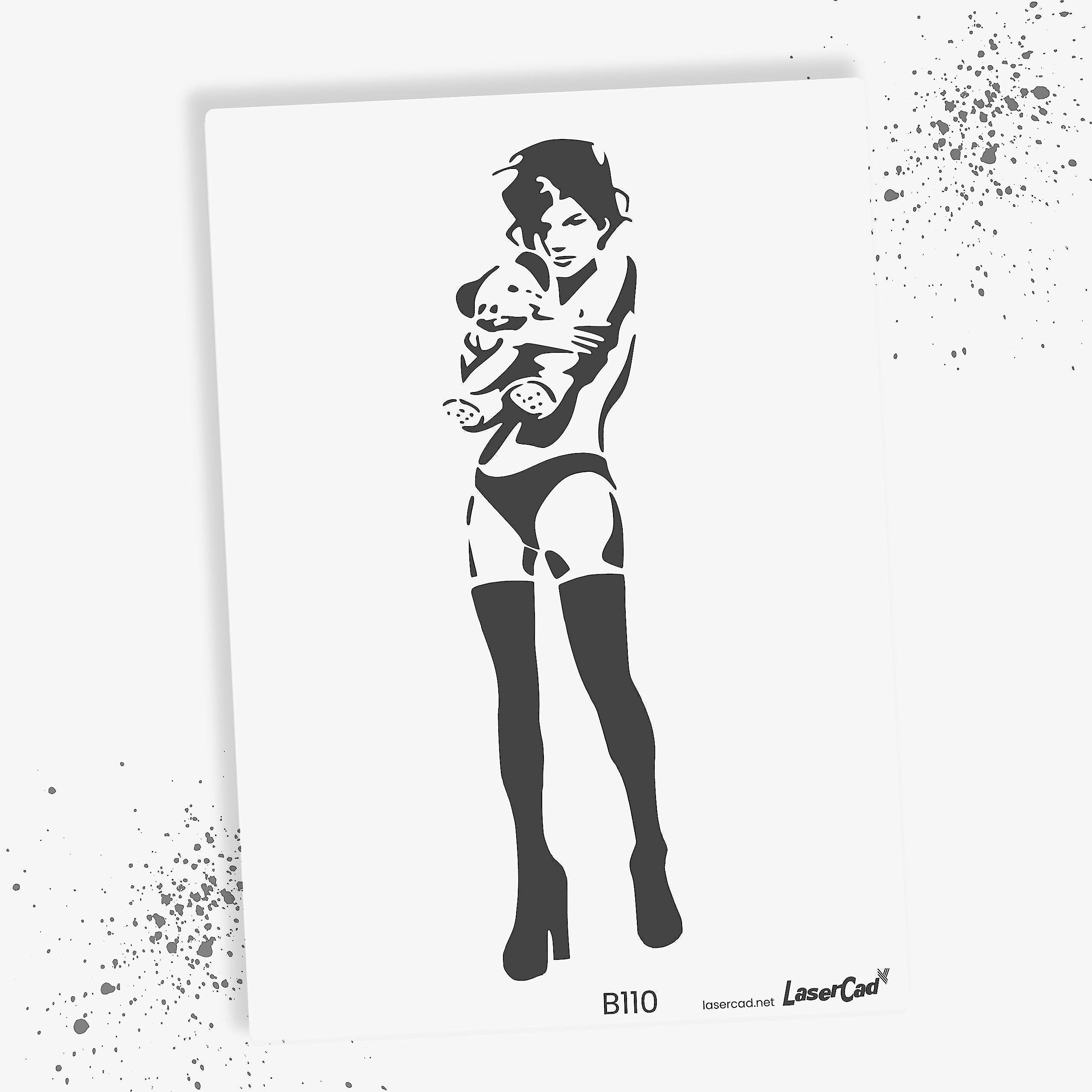 LaserCad BANKSY Streetart Stencils (B110, Girl Hugging Teddy, DIN A7) Stencil for Graffiti, Airbrush, Art, Decoration, for Painting