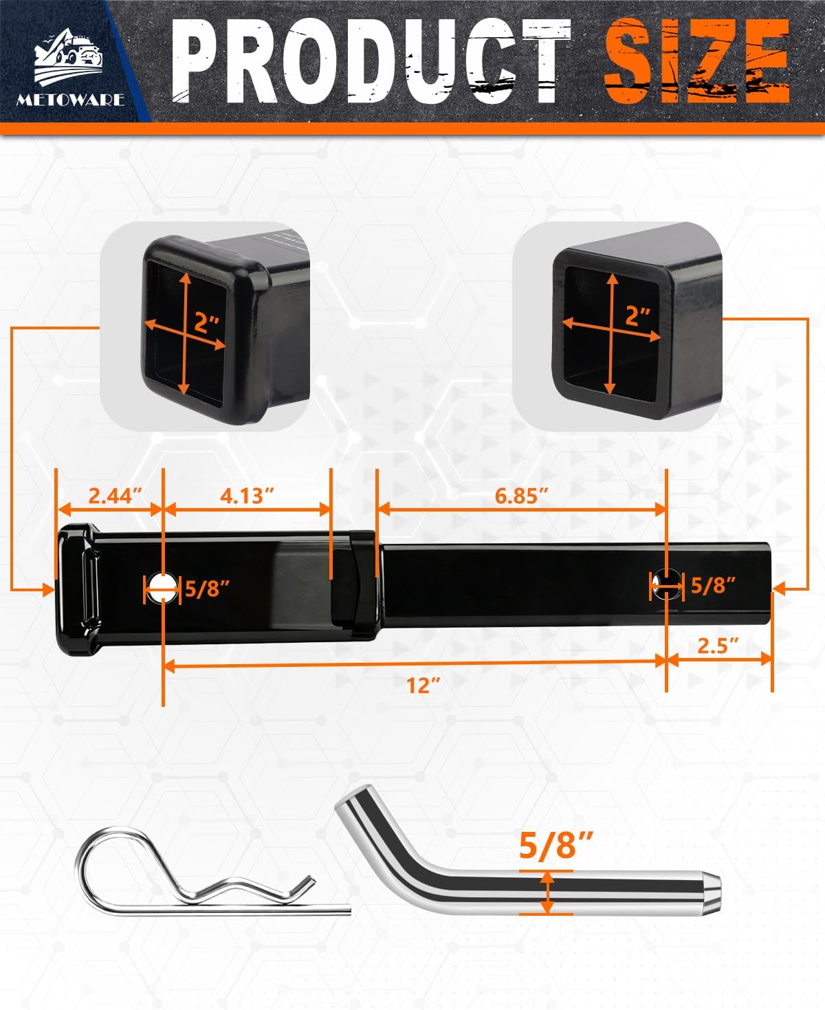METOWARE 12 Inch Extension Hitch Receiver, Fits 2 Inch Square Receiver