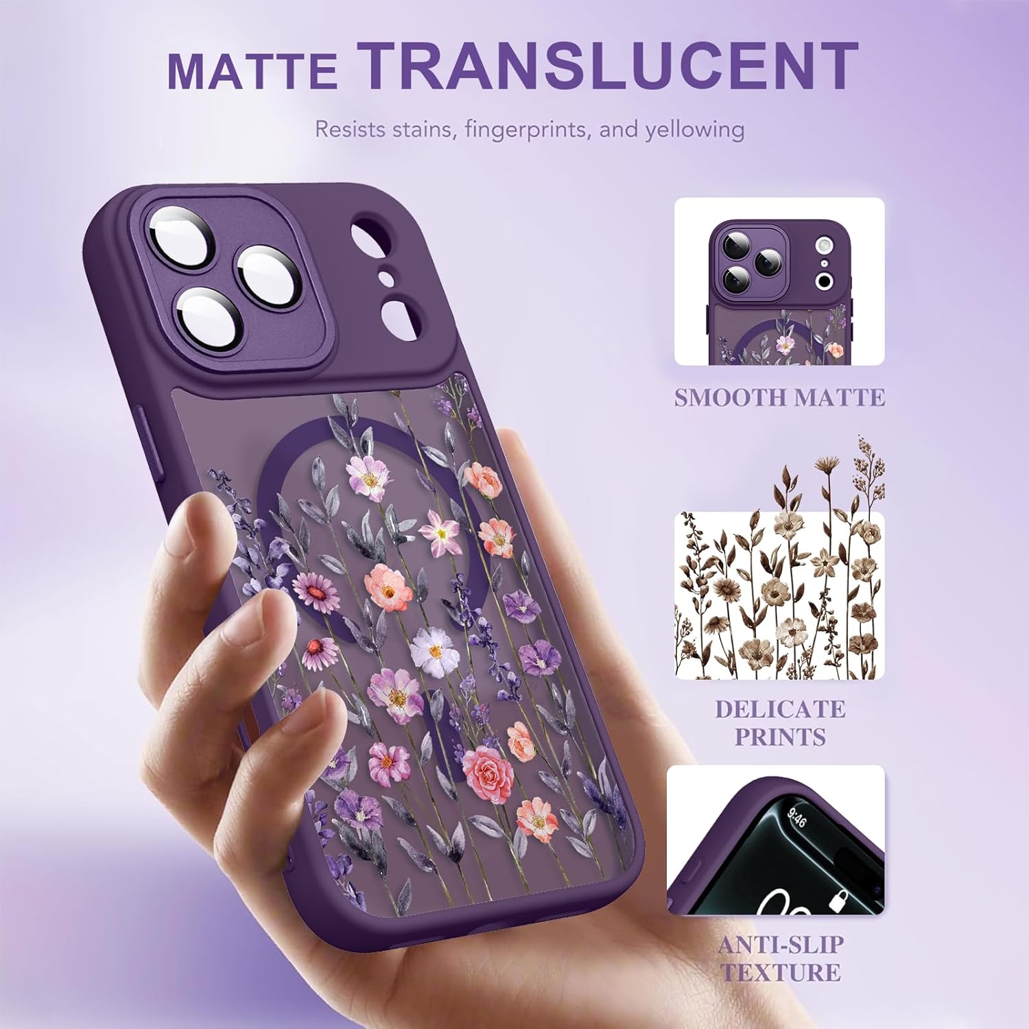 Magnetic for iPhone 17 Pro Max Case with Screen Protector [Compatible with MagSafe] Pretty Flower Floral Pattern Design, Shockproof Slim Cover for Women Girls, Dark Purple