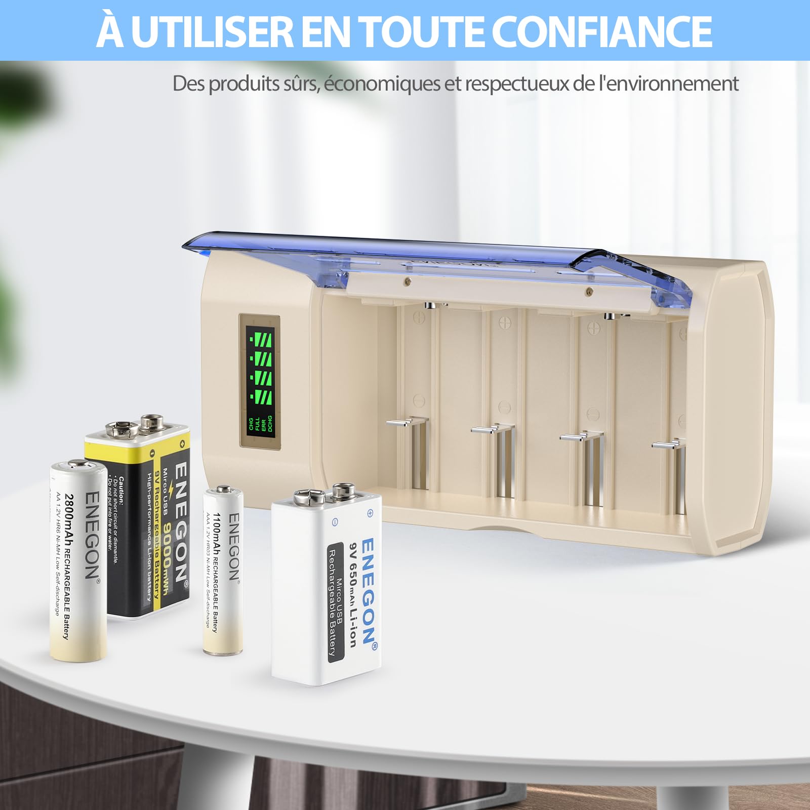 ENEGON Chargeur Universel pour Piles AA/AAA/C/D/9V NiMH/NiCD, avec écran LCD, Fonction de décharge et 4 emplacements (sans Adaptateur)