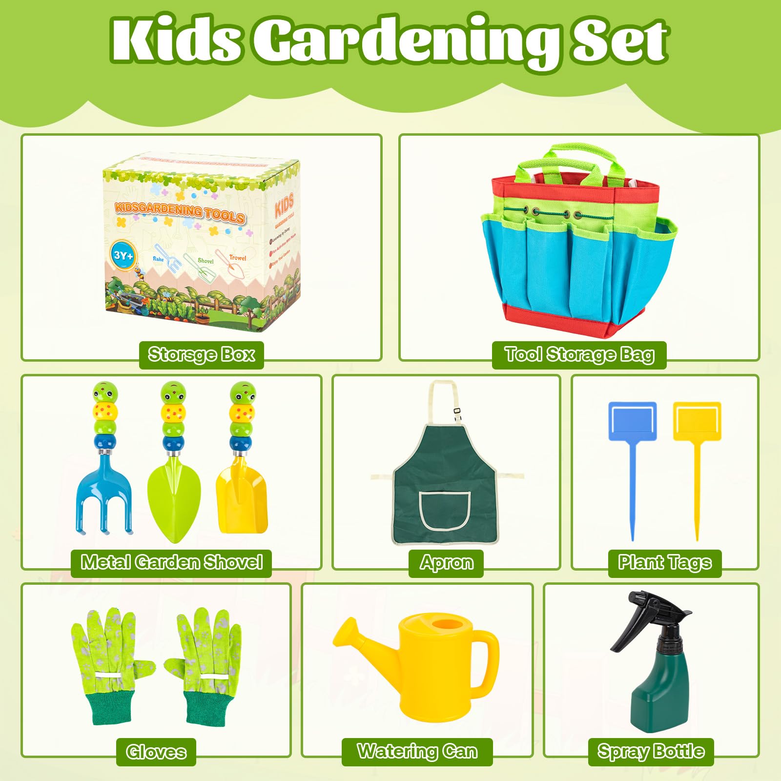 Set di Attrezzi da Giardinaggio: Set Attrezzi Giardino Bambini, Strumenti in Metallo, Annaffiatoio, Guanti da Giardinaggio, 10 Pezzi Kit, Bambina 3+ Anni, Giochi A ll'aperto Regalo