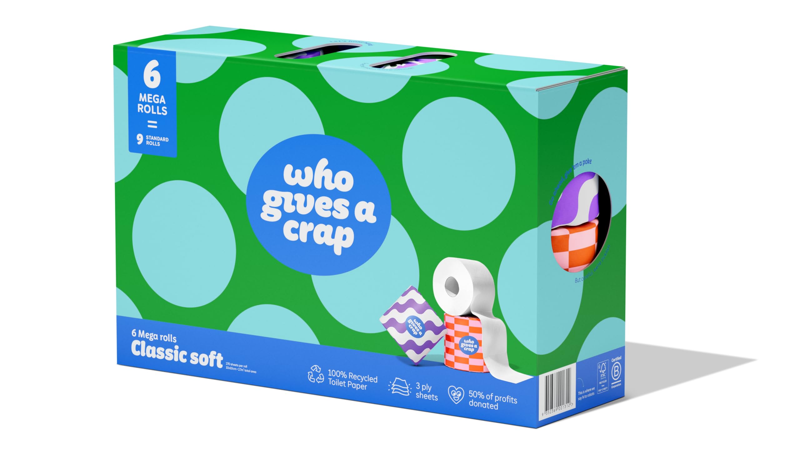 Who Gives A Crap 6 Mega Toilet Rolls – 100% Recycled Paper, 3 Ply, 270 Sheets per Roll (Equals 9 Standard Rolls) – Soft, Strong Toilet Tissue for Bathroom Use
