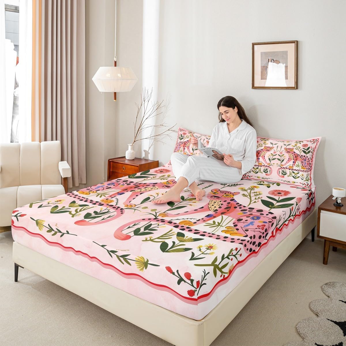 Pink Cheetah Fitted Sheets Queen Size,Cute Floral Leaves Bedding Set 3Pcs for Kids Girls Boys Woman Room Decor,Africa Wild Animals Bed Cover Pink Leopard Print (No Flat Sheet,2 Pillowcases