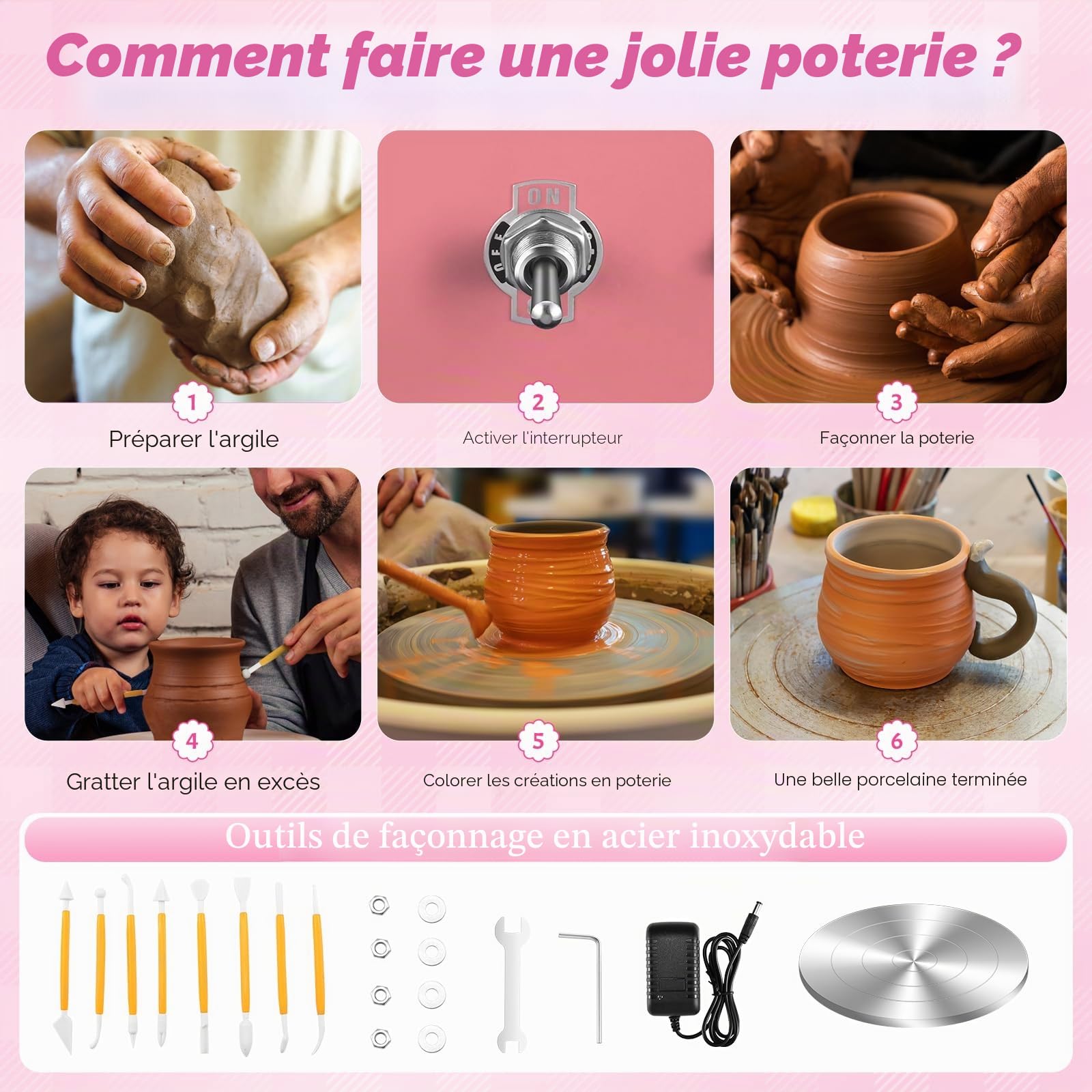 Tour de Potier, Tour électrique pour Céramique 2000 tr/min Roue de Poterie Vitesse Réglable avec Plaques de 10/6,5 cm Tour Poterie pour Enfants, Adultes et Débutants