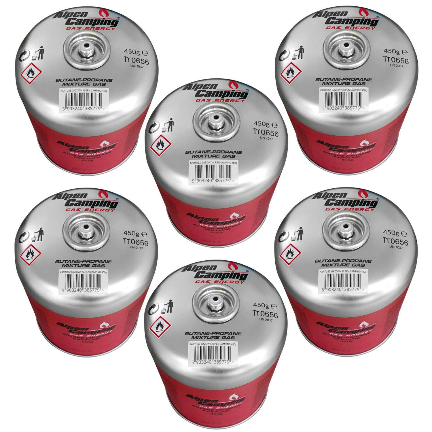 Alpen Camping Lot de 6 cartouches de gaz de 450 g EN 417 propane-butane filetage 7/16″ - Pour réchaud d'extérieur, brûleur, camp de tente, voyage - Certifié PI 0437 - Utilisation de - 10 °C à + 40 °C