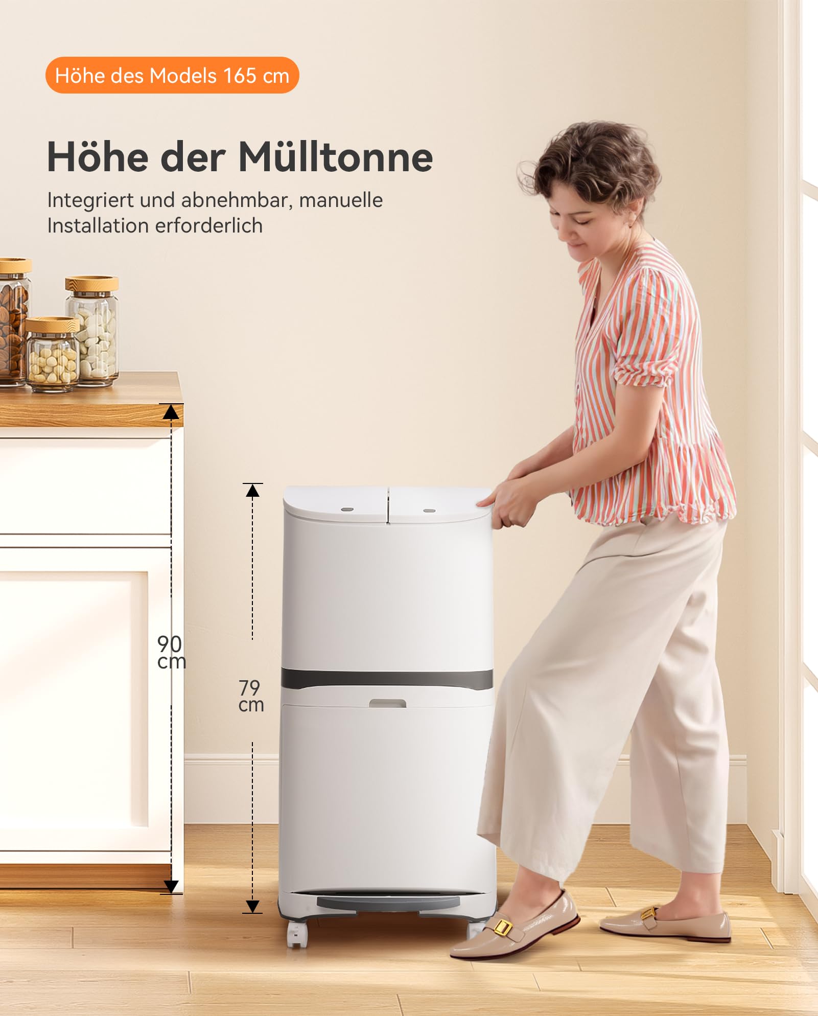 Warmiehomy Mülleimer Küche 2 Fächer, 36x20x79cm 48 Liter Große Doppelmülleimer aus Kunststoff Mülltrennsystem, Integrierter abnehmbarer Mülleimer mit Deckel auf Rädern Abfalleimer Küche (Weiß)