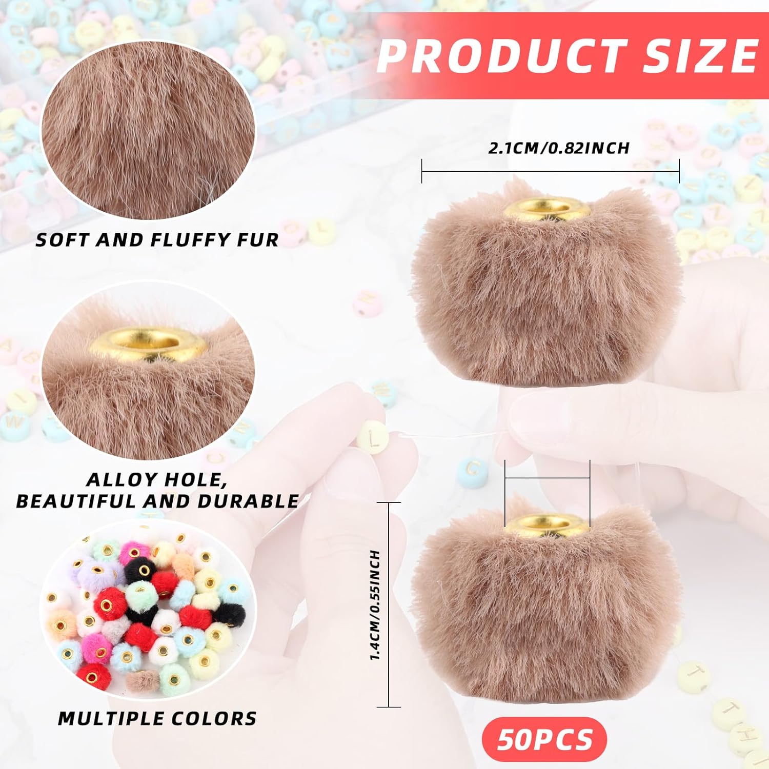 50PCS Fluffy Faux Fur Pom Poms Beads, Soft Fuzzy Spacers Beads, Multicolor Large Hole Craft Bead for Pens Bracelets Jewelry Making Bag Keychains DIY Crafts Projects Gifts Accessories - Image 2