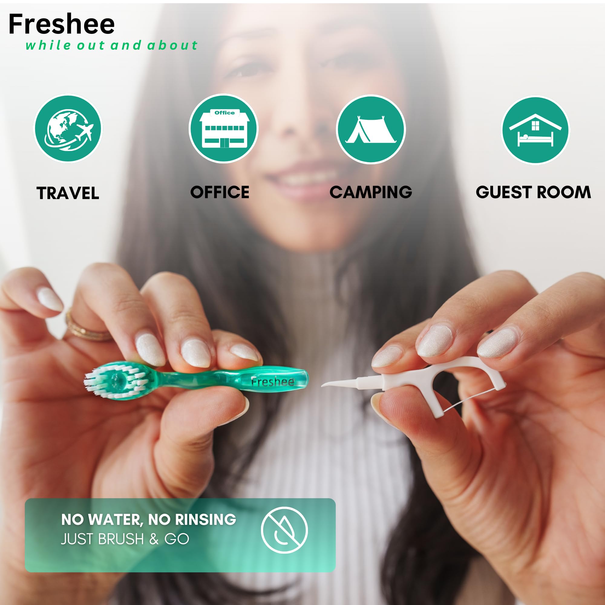 Freshee 5 w 1 jednorazowa mini szczoteczka zębata z pastą zębatą + nicią dentystyczną + piknik + skrobak do języka, rozmiar podróżny, indywidualnie owijany, miękki, miętowy, zestaw podróżny