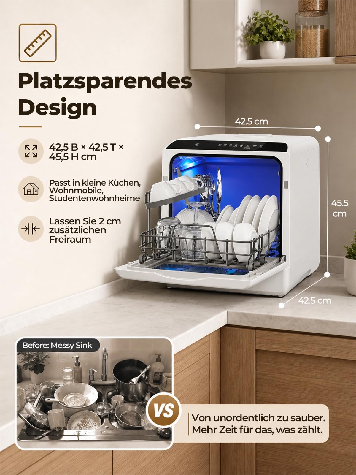 FOHERE Mini Geschirrspüler 5-Liter-Tank Timer-Funktion 2-in-1-Wasseranschluss 6 Programme LED-Display Tischgeschirrspüler 42,5×42,5×45,5