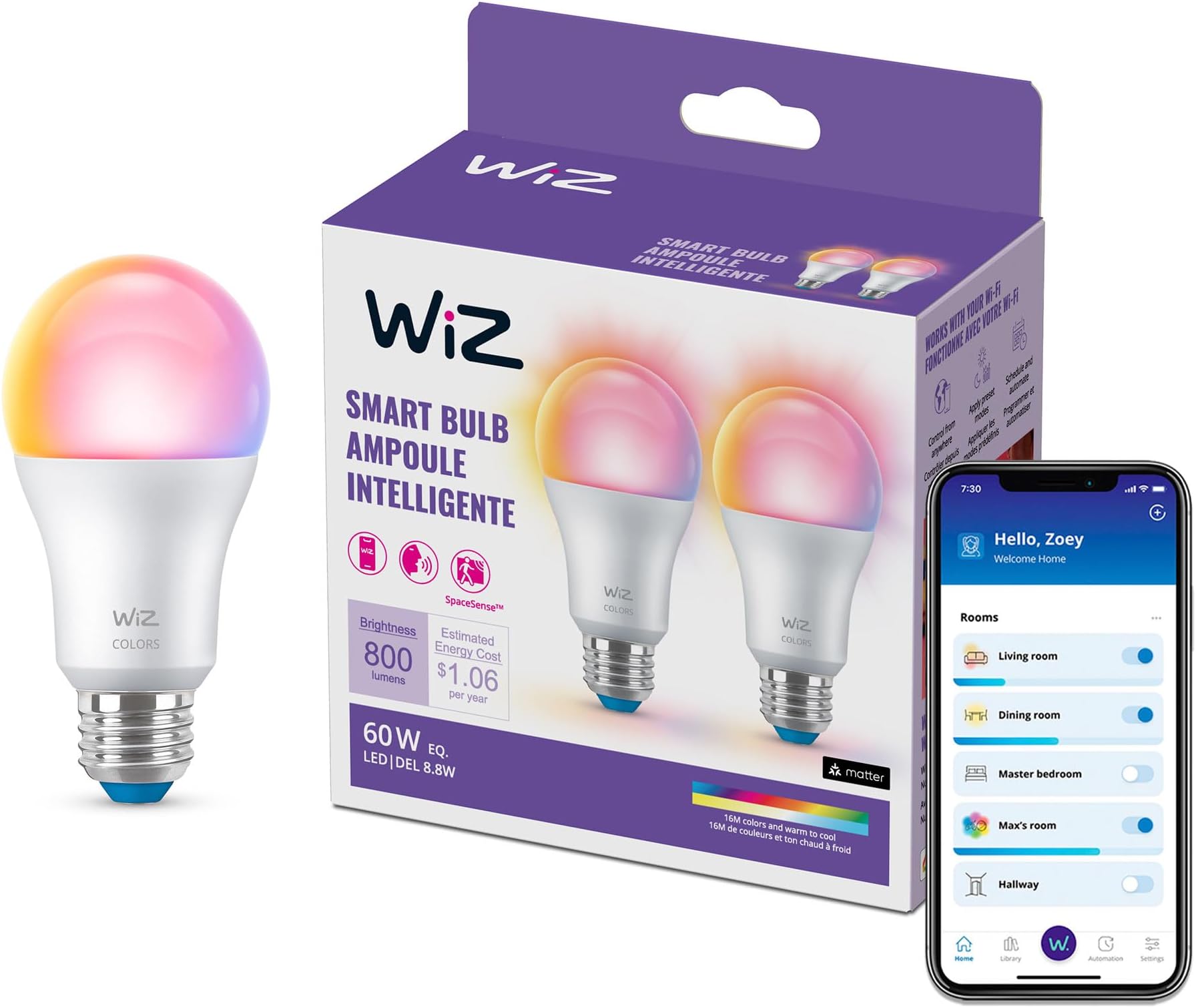 Smart Light Bulbs, 2-Pack, Color A19 60W 800LM E26 Indoor LED Lights, Smart Bulbs with Motion Detection, Control with Voice or App