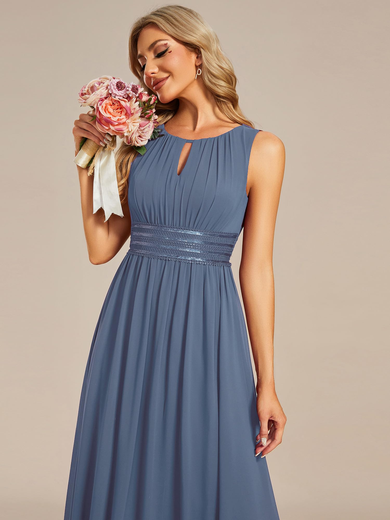 Ever-Pretty Vestido de noche, cuello redondo, sin mangas, falda acampanada, gasa para mujer, vestido de noche, elegante, ES01955