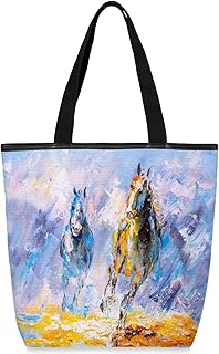 Sacolas de lona com zíper e bolso interno, bolsa de ombro feminina casual bolsa de mão pintura a óleo cavalo de corrida, bolsas de compras reutilizáveis de cozinha bolsas de lona para uso em bolsas de livros, sacolas de compras, sacolas de presente, Multicor