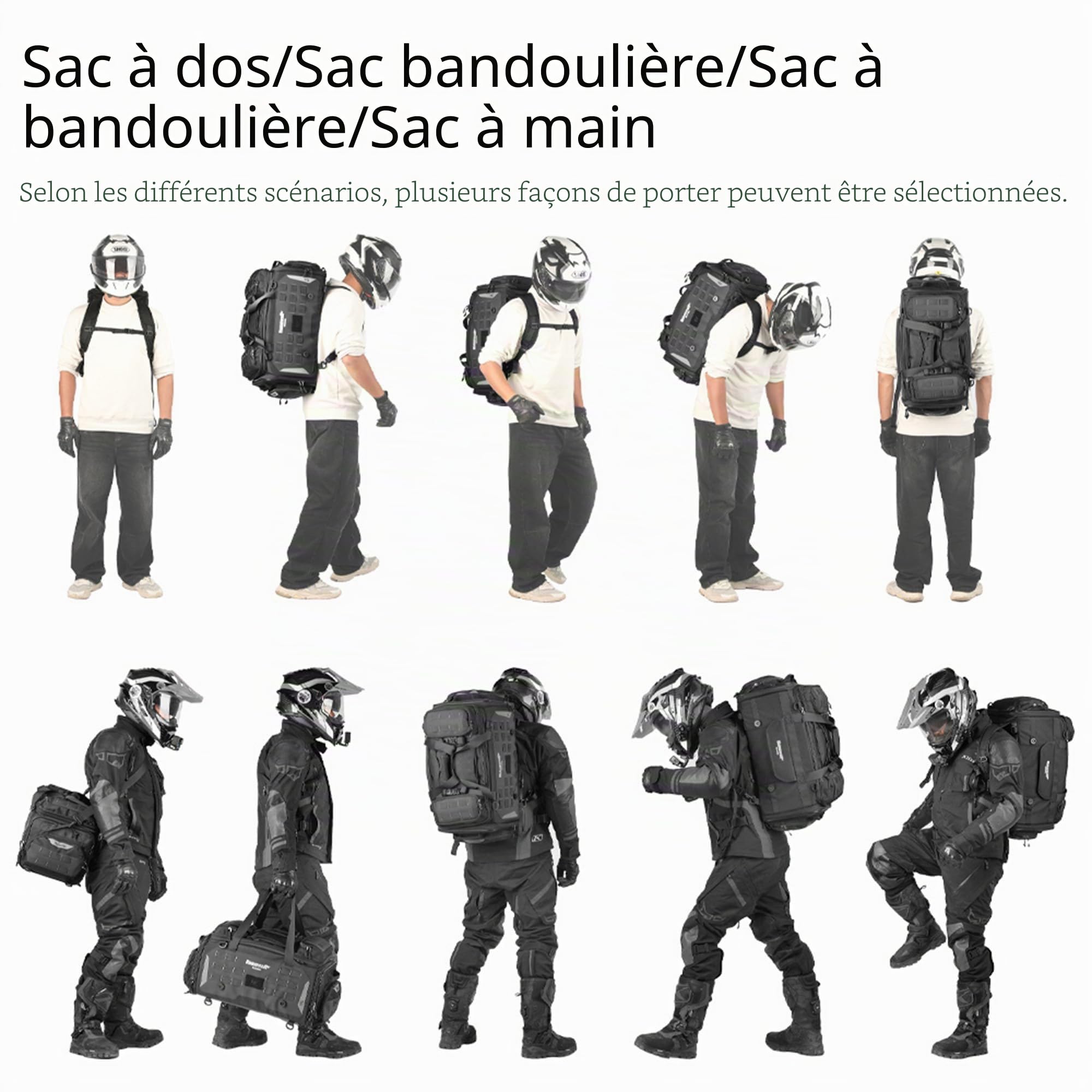 Rhinowalk Sac de queue de moto – Bagage de voyage extensible de 50 à 70 L, sac de selle de sport, sac de casque étanche avec housse de pluie, sac à dos et système Molle, noir