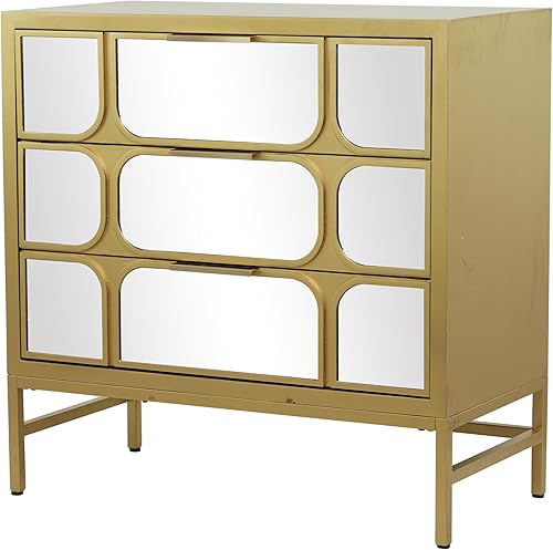 Deco 79 Armario de madera para habitación con 3 cajones con parte delantera espejada, gabinete decorativo de 32 x 16 x 32 pulgadas, dorado