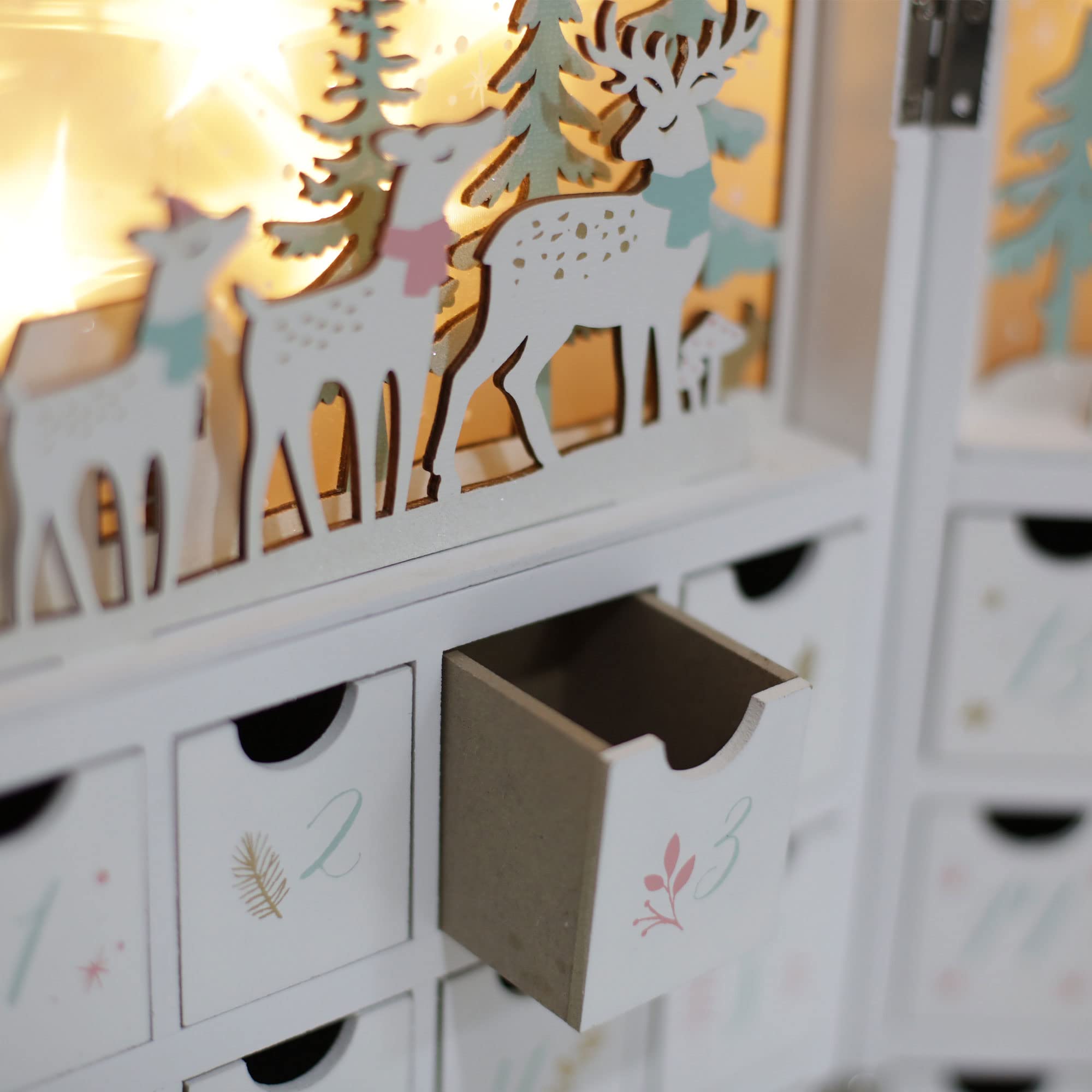 PE Calendario de Adviento de madera de Navidad con cajones, escena de invierno, calendarios rellenables con luz LED, decoración de cuenta regresiva para adultos y niños (blanco)