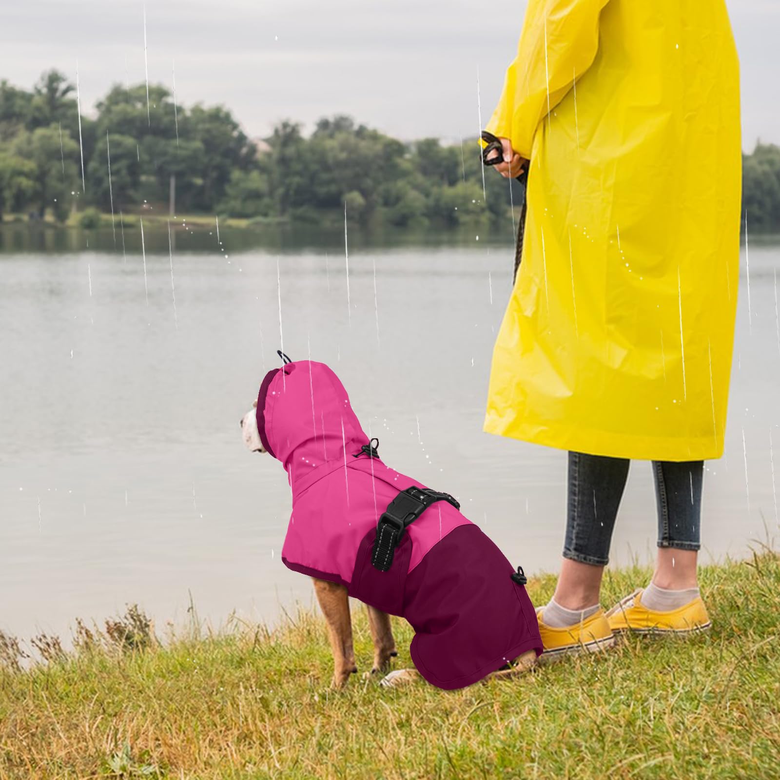 Hunderegenmantel Wasserdicht, Wasserdichter Hundemantel Regenjacke Hunderegenmantel Einstellbare wasserdichte Haustierkleidung Leichte Regenjacke mit Reflektierendem Streifen(Rosenrot, L)