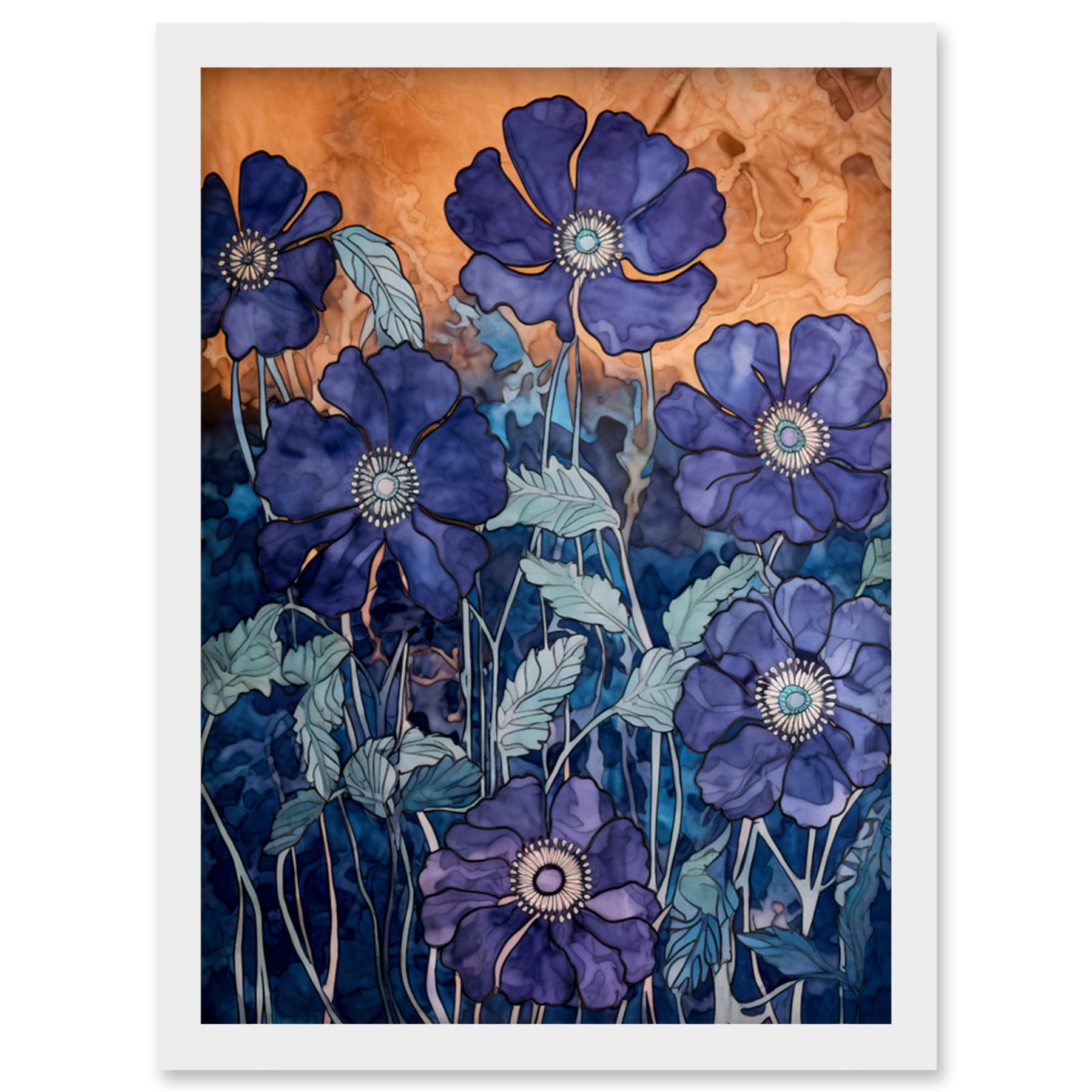 Artery8 Anemone Flower Blue and Amber Watercolour Painting Artwork Framed Wall Art Print A4