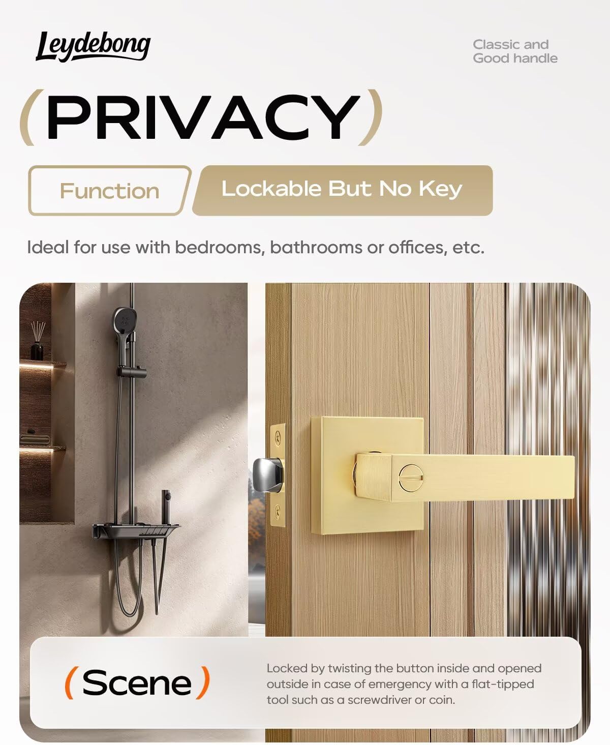 Leydebong 3 Pack Gold Door Knob with Lock, Door Handles for Bedroom, Bathroom Door Handles Interior, Gold Door Levers Interior for Left or Right Handed Doors