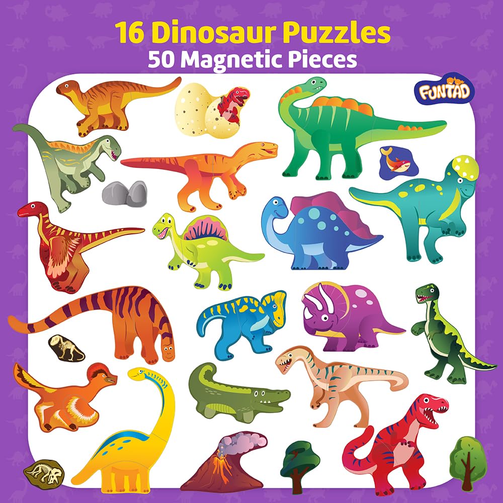 Funtad Magnetic Fun Art Puzzle - Dinosaur|4-in-1 Travel Friendly Educational Toy with Writable Board|50 Magnetic Pieces with Informative Flash Cards |Birthday Gift for Boys & Girls Age 3,4,5 & 6 yrs 2